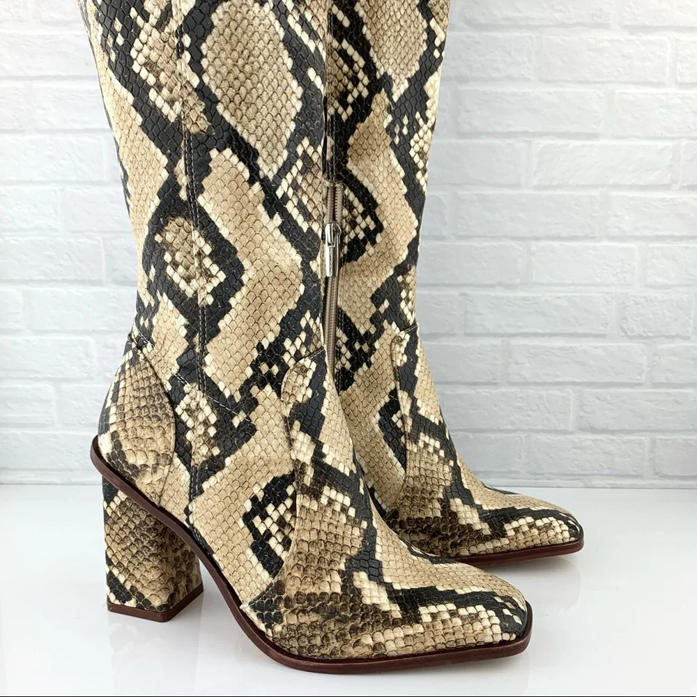 NEW! Vince Camuto Dreven Over The Knee Snake Square Heel Boots Shortbread